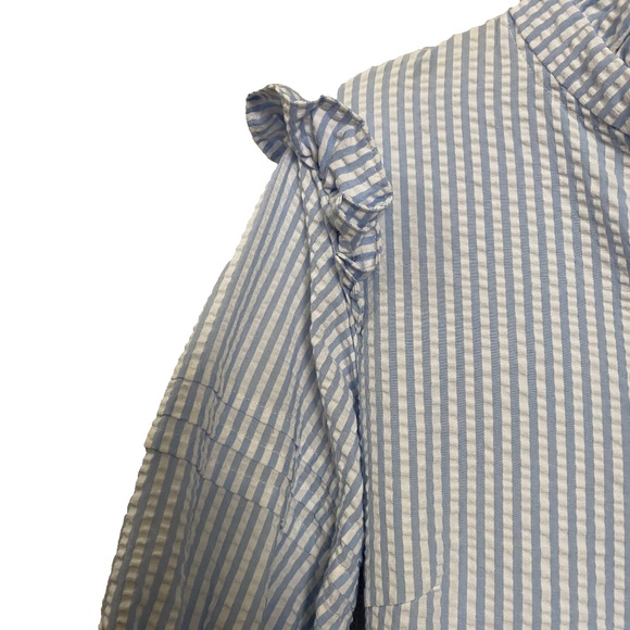 Blue White Seersucker Gingham Ruffle Tiered Prairie Cottagecore Maxi Dress S/M - Picture 11 of 16